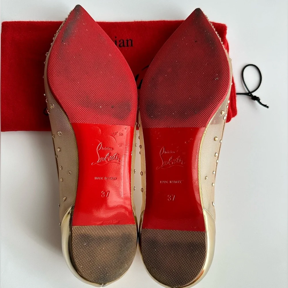 CHRISTIAN LOUBOUTIN Follies Strass Gold Crystal Pointed Toe Ballerina Flats 38 - Picture 12 of 16